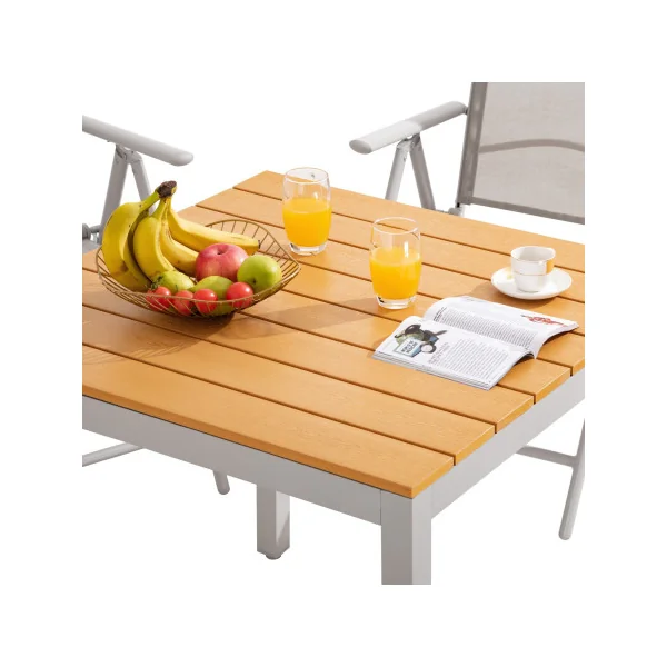 Salon de jardin 4 places en aluminium laqué Naturel et gris table de repas plateau composite