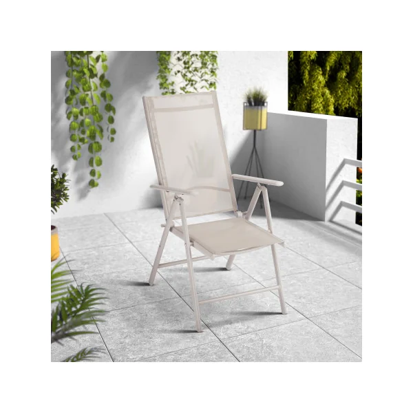 Salon de jardin 6 places en aluminium laqué Naturel et gris table de repas plateau composite