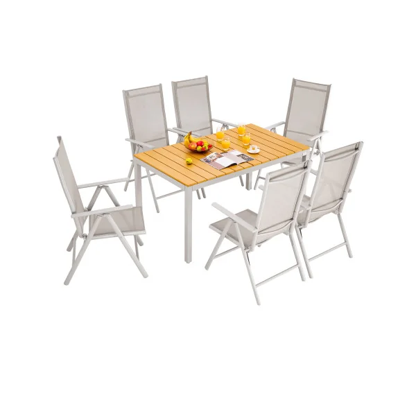 Salon de jardin 6 places en aluminium laqué Naturel et gris table de repas plateau composite