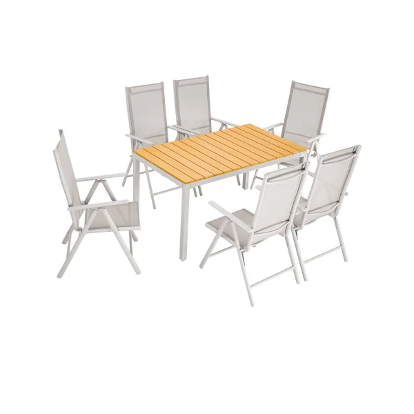 Salon de jardin 6 places en aluminium laqué Naturel et gris table de repas plateau composite
