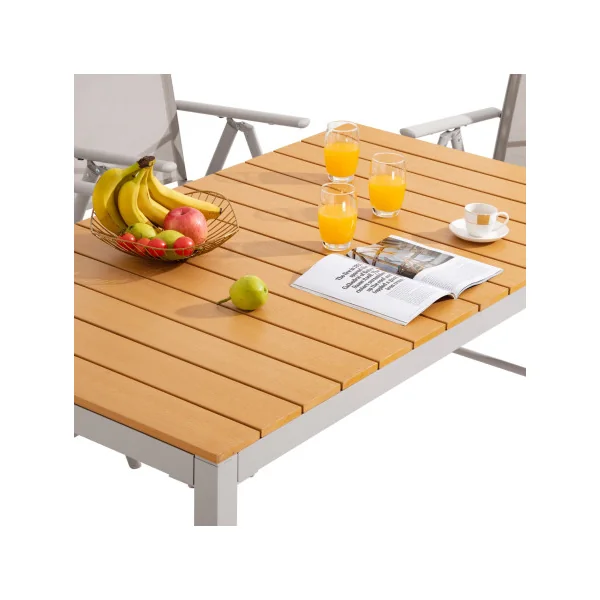 Salon de jardin 6 places en aluminium laqué Naturel et gris table de repas plateau composite