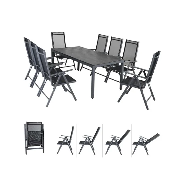 Salon de jardin 8 places en aluminium laqué table de repas plateau composite