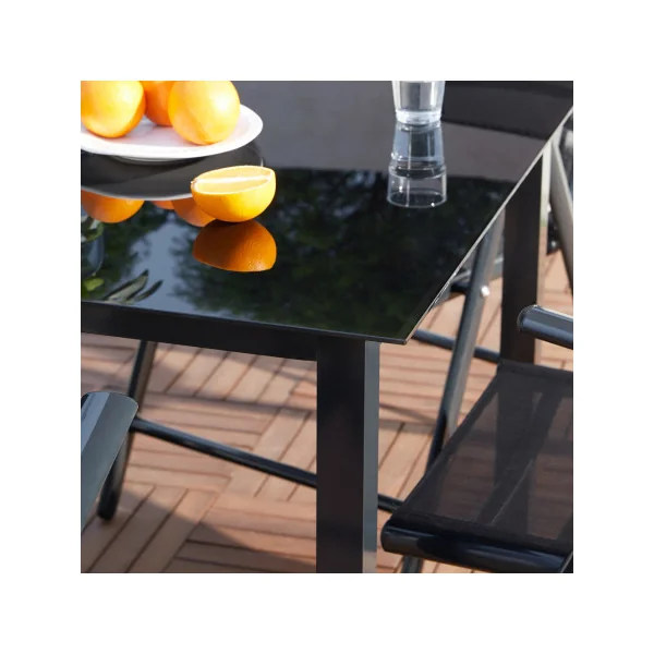 Salon jardin 6 places en aluminium anthracite et noir table de jardin avec plateau verre 5mm avec 6 chaises pliantes