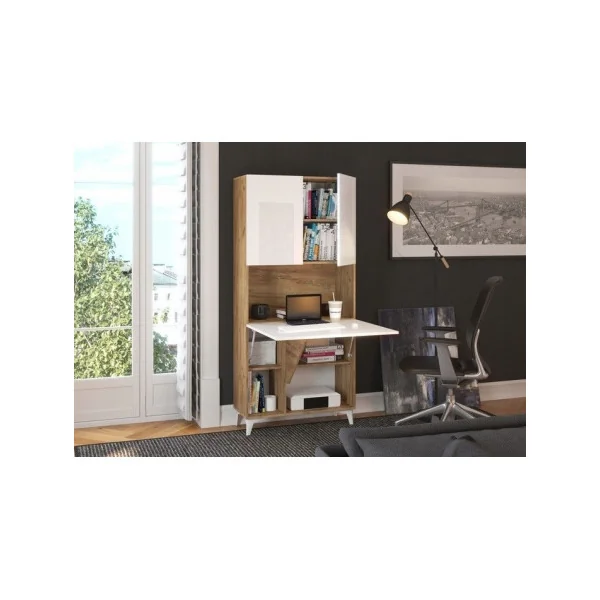 Secrétaire design Bureau pratique spacieux blanc brillant et chêne secrétaire meuble tendance avec placard