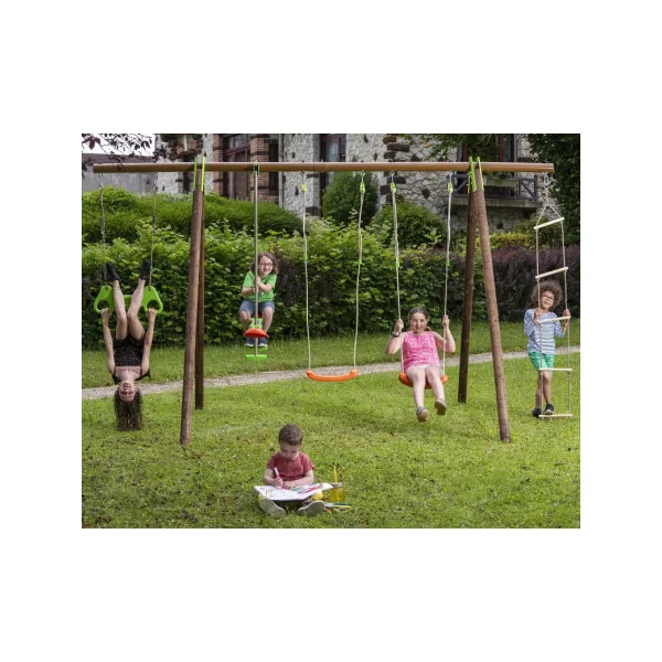 Station de jeux BiWood bois de pin massif Portique avec balançoires et face à face Echelle et Corde Trapéze