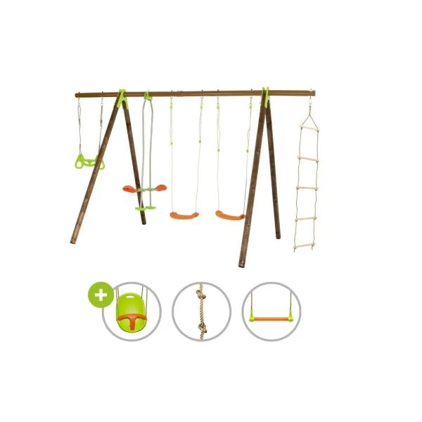 Station de jeux BiWood bois de pin massif Portique avec balançoires et face à face Echelle et Corde Trapéze