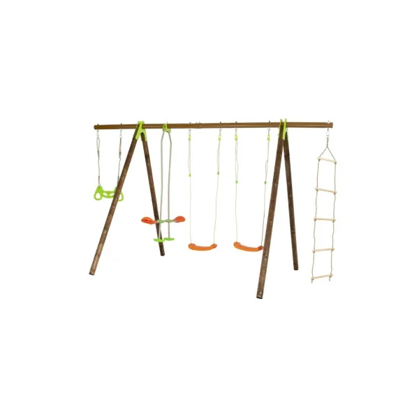 Station de jeux BiWood bois de pin massif Portique avec balançoires et face à face Echelle et Corde Trapéze