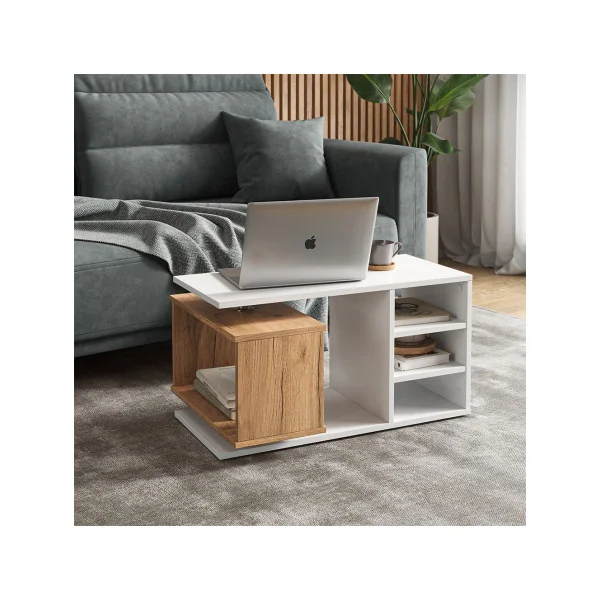 Table basse avec caisson rotatif 360° Blanche et chêne Table de salon rectangulaire Table basse design