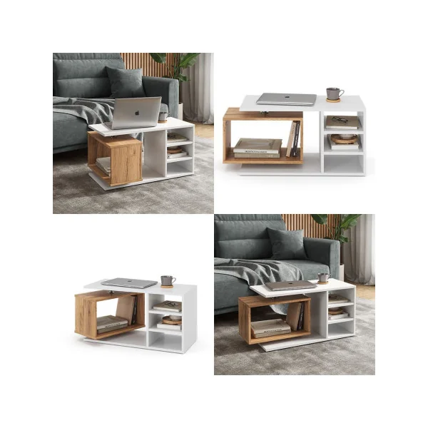 Table basse avec caisson rotatif 360° Blanche et chêne Table de salon rectangulaire Table basse design