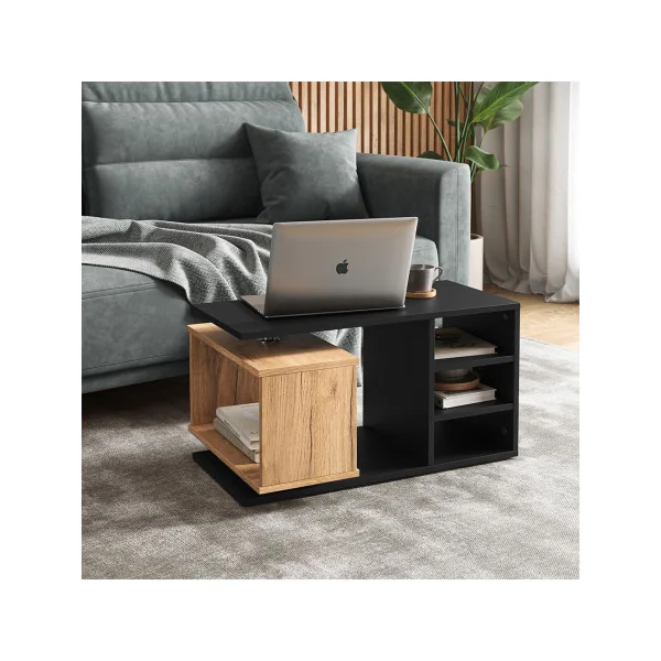 Table basse avec caisson rotatif 360° Noir et chêne Table de salon rectangulaire Table basse design