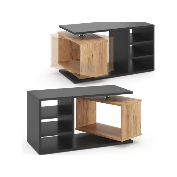 Table basse avec caisson rotatif 360° Noir et chêne Table de salon rectangulaire Table basse design