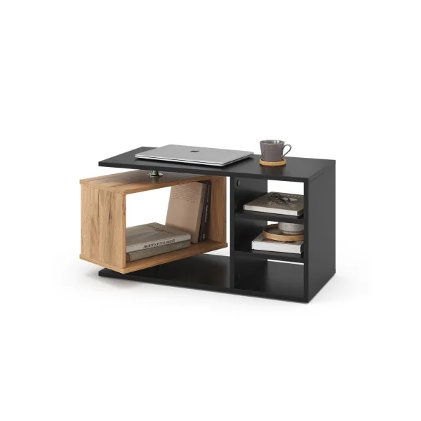 Table basse avec caisson rotatif 360° Noir et chêne Table de salon rectangulaire Table basse design