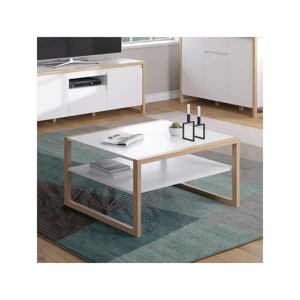 Table basse avec étagère blanc et pin massif Table salon rectangulaire Table basse moderne