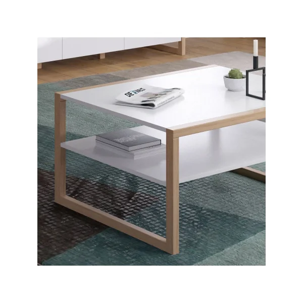 Table basse avec étagère blanc et pin massif Table salon rectangulaire Table basse moderne