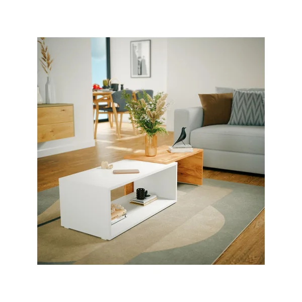 Table basse blanc et chêne Table basse rectangulaire extensible Table basse moderne