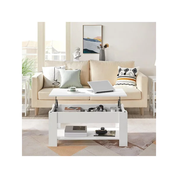Table Basse Blanche avec Plateau Relevable Table Basse Rectangulaire Table basse avec rangement Caché