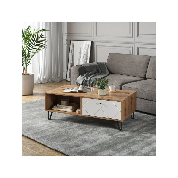 Table basse chêne artisan et blanc avec 2 tiroirs Table basse avec rangement Table salon Table basse rectangulaire