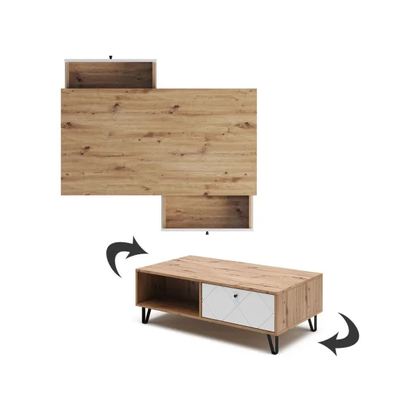 Table basse chêne artisan et blanc avec 2 tiroirs Table basse avec rangement Table salon Table basse rectangulaire
