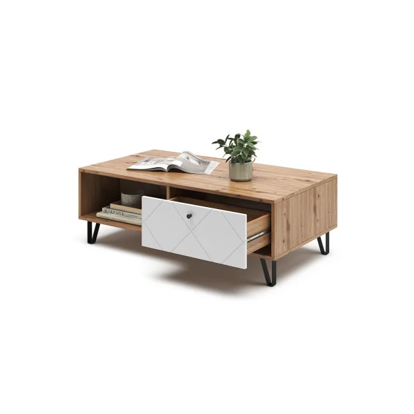 Table basse chêne artisan et blanc avec 2 tiroirs Table basse avec rangement Table salon Table basse rectangulaire