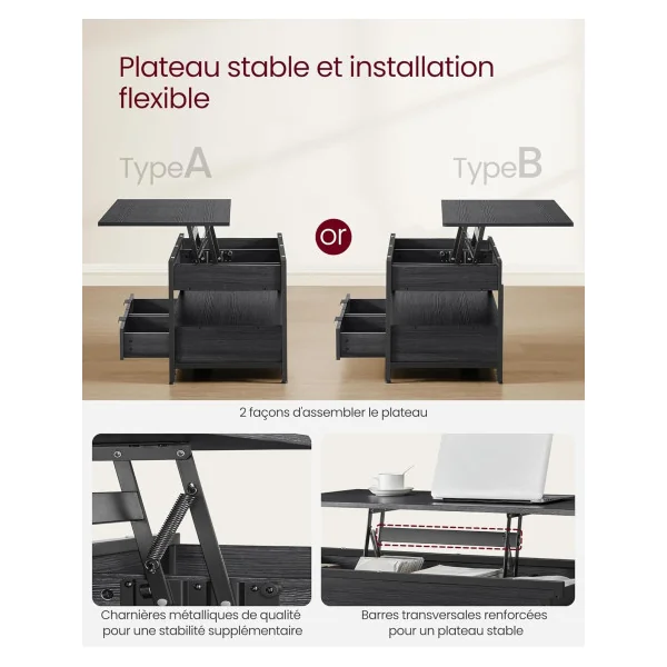 Table Basse Plateau Relevable Anthracite Table Basse Rectangulaire 2 Tiroirs avec Rangement