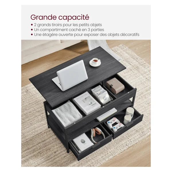 Table Basse Plateau Relevable Anthracite Table Basse Rectangulaire 2 Tiroirs avec Rangement