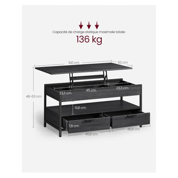 Table Basse Plateau Relevable Anthracite Table Basse Rectangulaire 2 Tiroirs avec Rangement