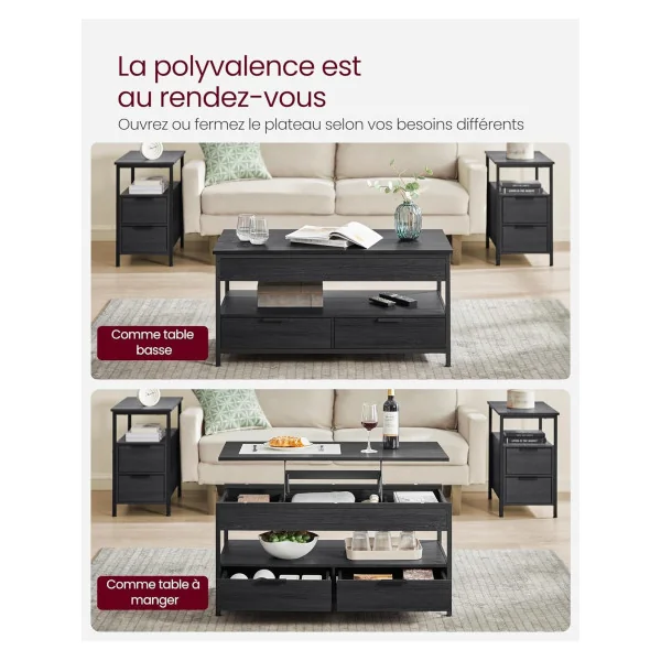 Table Basse Plateau Relevable Anthracite Table Basse Rectangulaire 2 Tiroirs avec Rangement