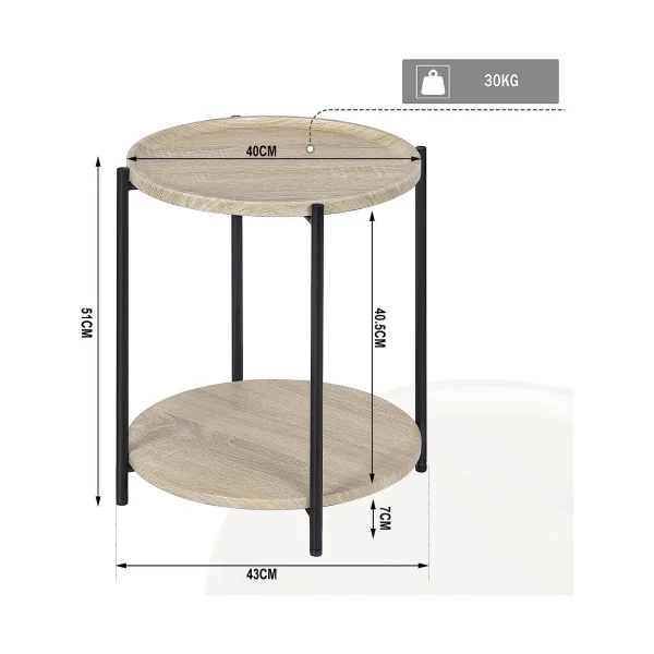 Table basse ronde à 2 étagères Table avec plateau amovible Table basse industrielle chêne