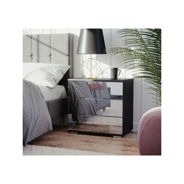 Table de chevet 3 tiroirs miroir table de nuit design noir chevet de chambre