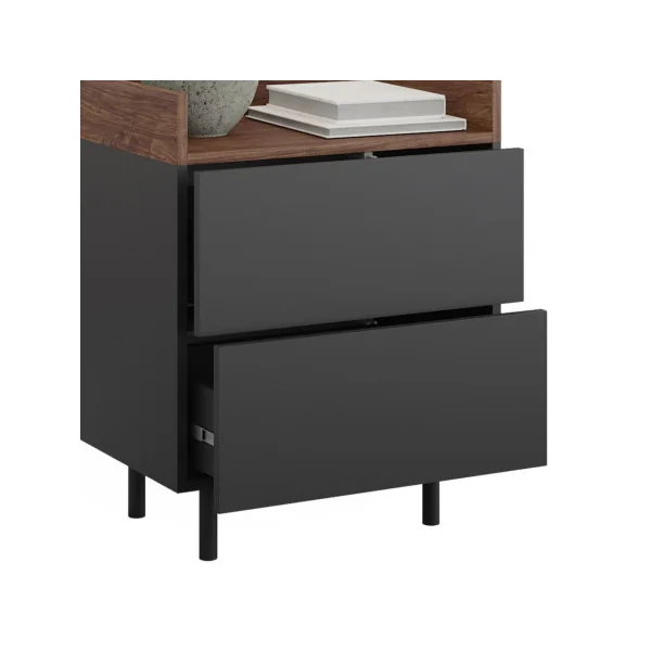 Table de chevet Anthracite et Noyer 2 tiroirs Table de nuit en bois Chevet de lit moderne