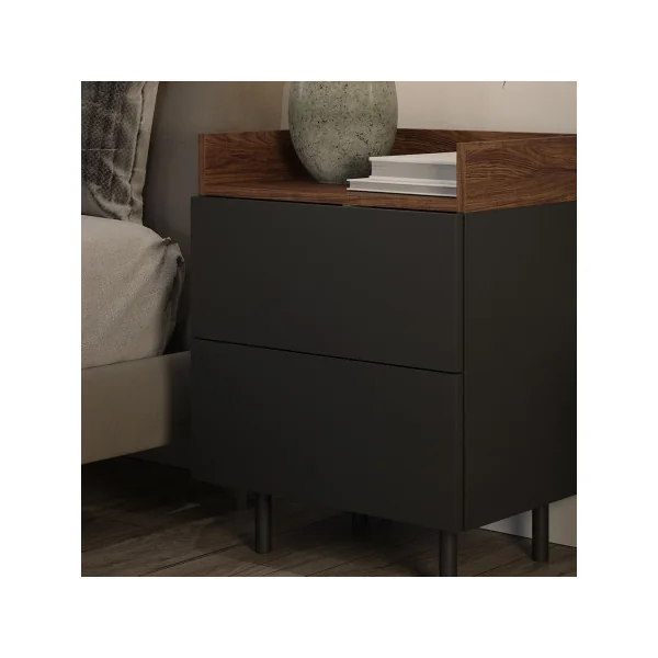 Table de chevet Anthracite et Noyer 2 tiroirs Table de nuit en bois Chevet de lit moderne