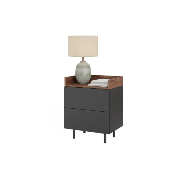 Table de chevet Anthracite et Noyer 2 tiroirs Table de nuit en bois Chevet de lit moderne