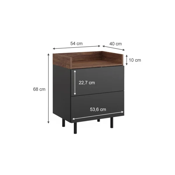 Table de chevet Anthracite et Noyer 2 tiroirs Table de nuit en bois Chevet de lit moderne