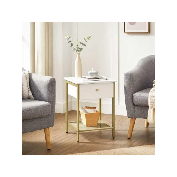 Table de chevet moderne blanc doré table de nuit métal et bois
