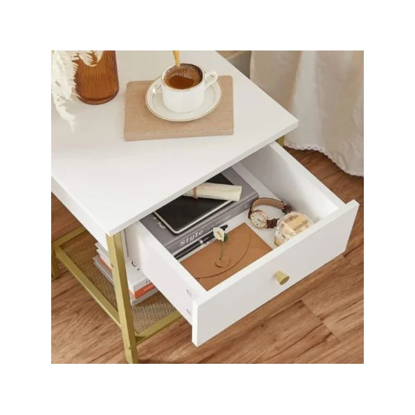 Table de chevet moderne blanc doré table de nuit métal et bois