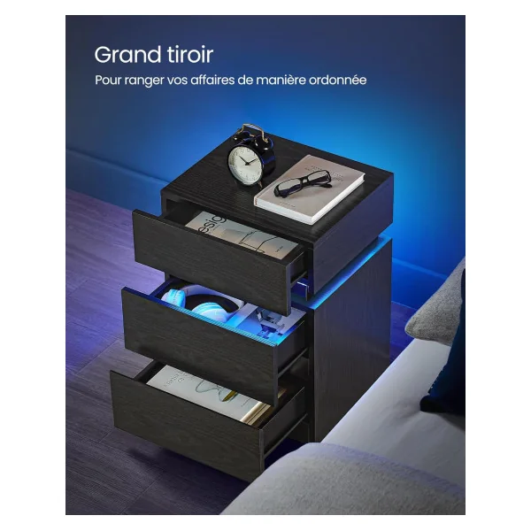 Table de Chevet Noir LED Table Chevet 3 tiroirs Table de Nuit Noir