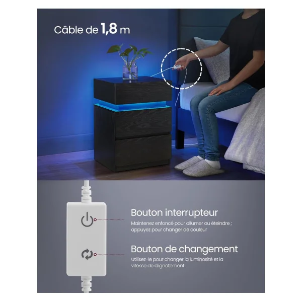 Table de Chevet Noir LED Table Chevet 3 tiroirs Table de Nuit Noir
