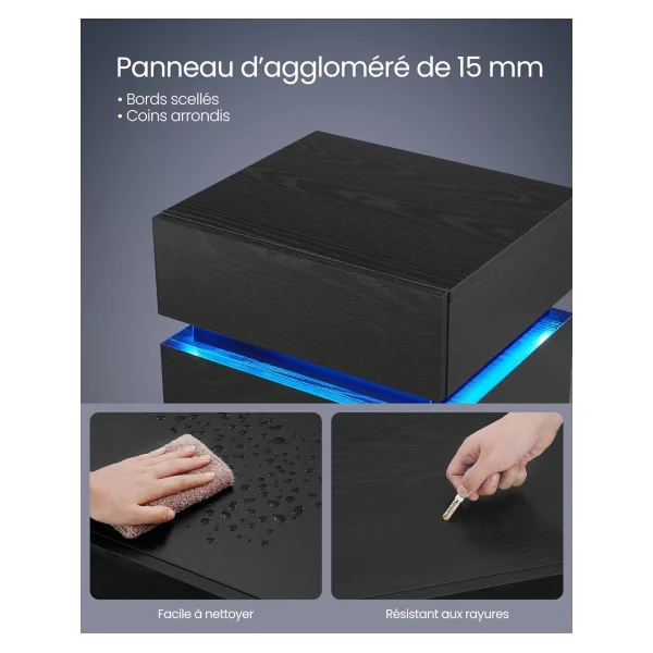Table de Chevet Noir LED Table Chevet 3 tiroirs Table de Nuit Noir