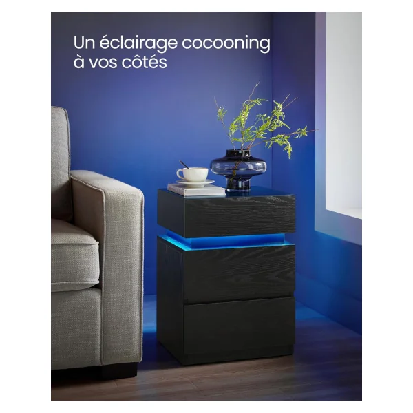 Table de Chevet Noir LED Table Chevet 3 tiroirs Table de Nuit Noir