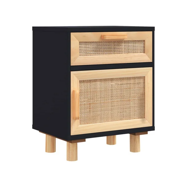 Table de Chevet Noir Pin Massif et Cannage Table de Nuit Tendance