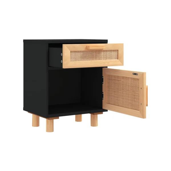 Table de Chevet Noir Pin Massif et Cannage Table de Nuit Tendance