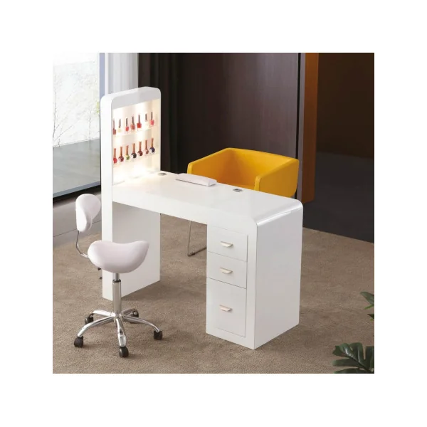 Table manucure blanche professionnel avec présentation étagères et éclairage