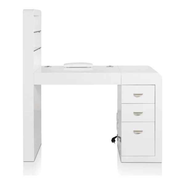 Table manucure blanche professionnel avec présentation étagères et éclairage