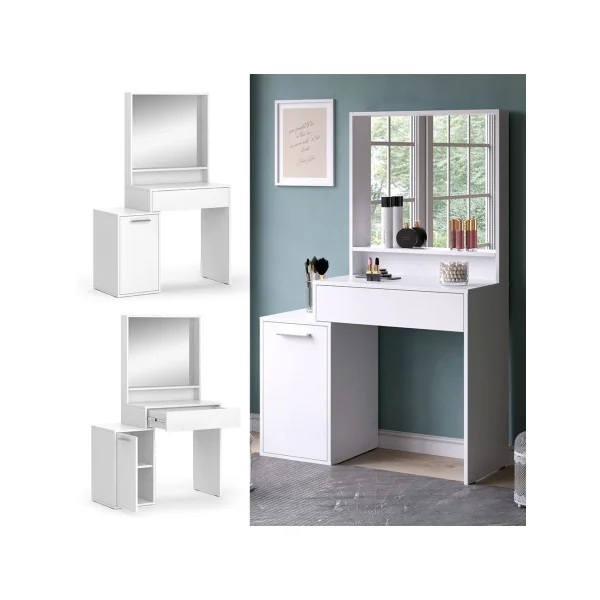Table Maquillage 1 Tiroir 1 Placard Coiffeuse Blanche avec Miroir et Rangements