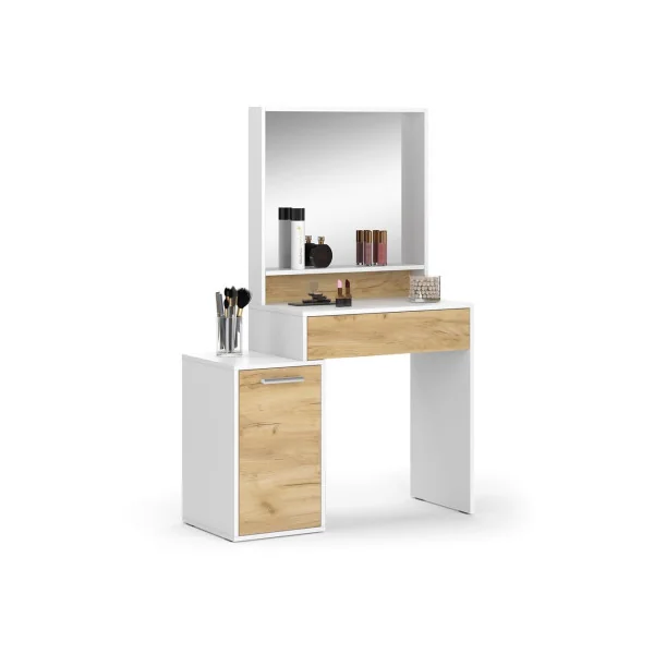 Table Maquillage 1 Tiroir 1 Placard Coiffeuse Blanche et Chêne avec Miroir et Rangements