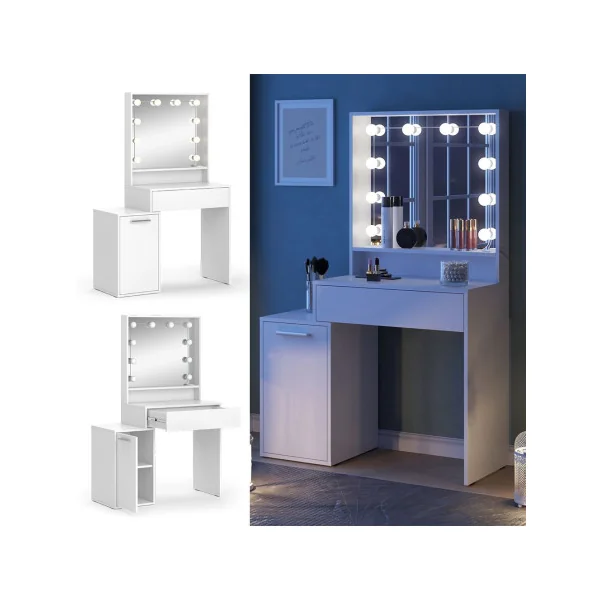 Table Maquillage 1 Tiroir 1 Placard + LED Coiffeuse Blanche avec Miroir et Rangements