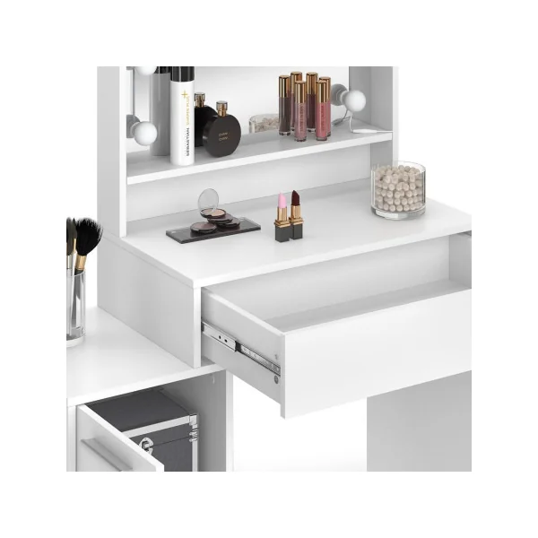 Table Maquillage 1 Tiroir 1 Placard + LED Coiffeuse Blanche avec Miroir et Rangements