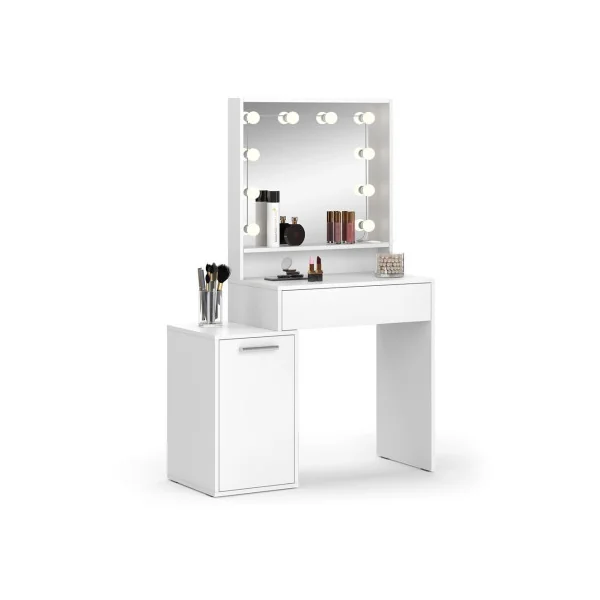 Table Maquillage 1 Tiroir 1 Placard + LED Coiffeuse Blanche avec Miroir et Rangements
