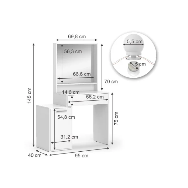 Table Maquillage 1 Tiroir 1 Placard + LED Coiffeuse Blanche avec Miroir et Rangements