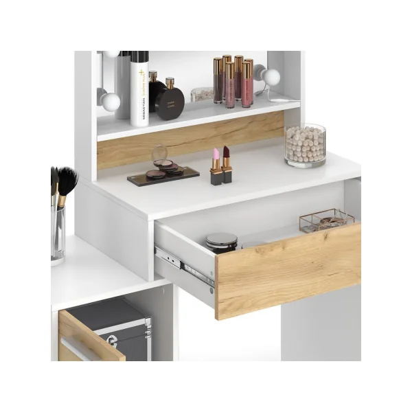 Table Maquillage 1 Tiroir 1 Placard + LED Coiffeuse Blanche et Chêne avec Miroir et Rangements